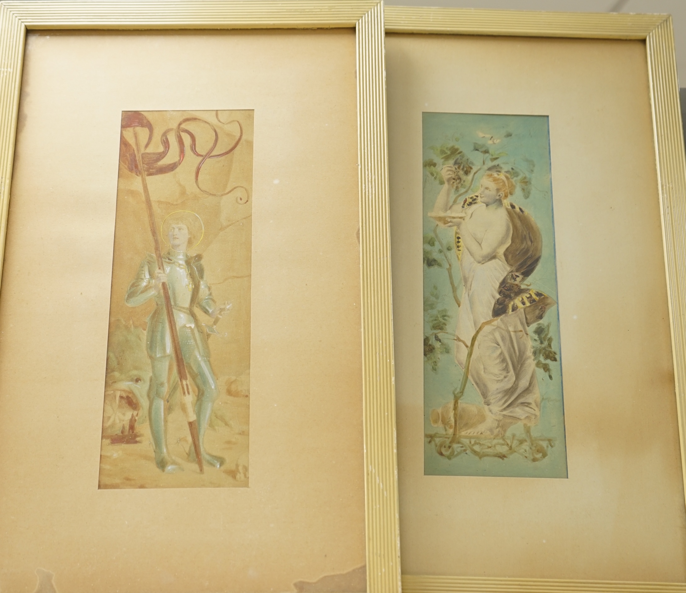 Early 20th century, two watercolours, Joan d'Arc and Dionysus, unsigned, 24.5 x 8cm. Condition - fair